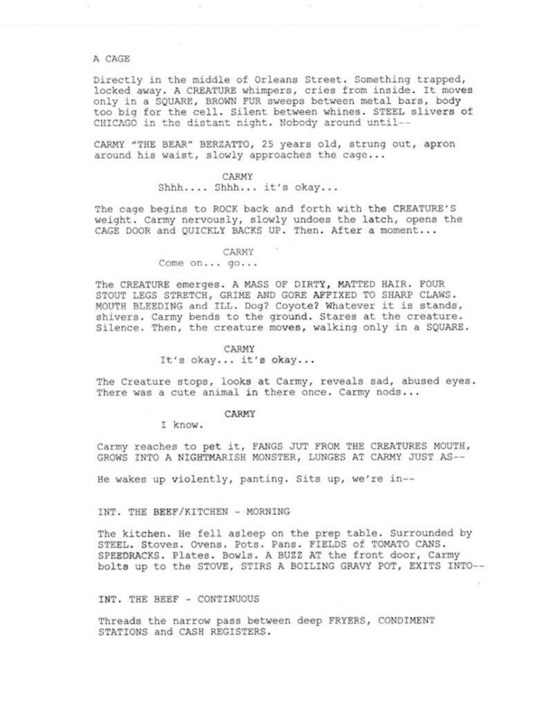 The first page of 'The Bear' pilot episode script, Why Christopher Storer Won An Emmy: The Bear Pilot Script Breakdown