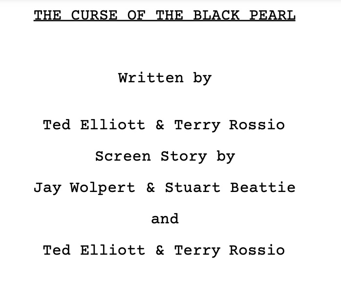 The title page of the first draft of 'Pirates of the Caribbean: The Curse of the Black Pearl'